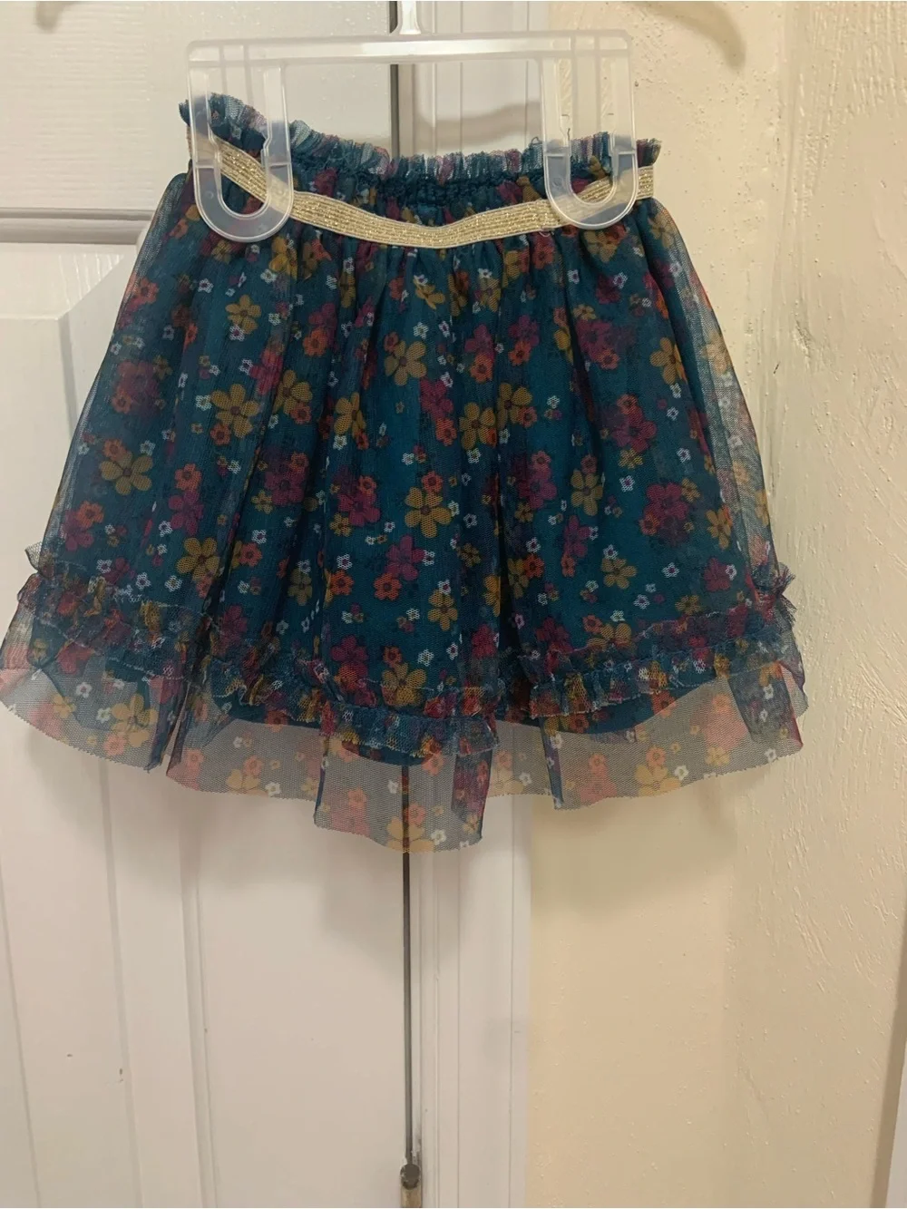wonder nation Teal Floral Layered Tulle Skirt with Gold Waistband